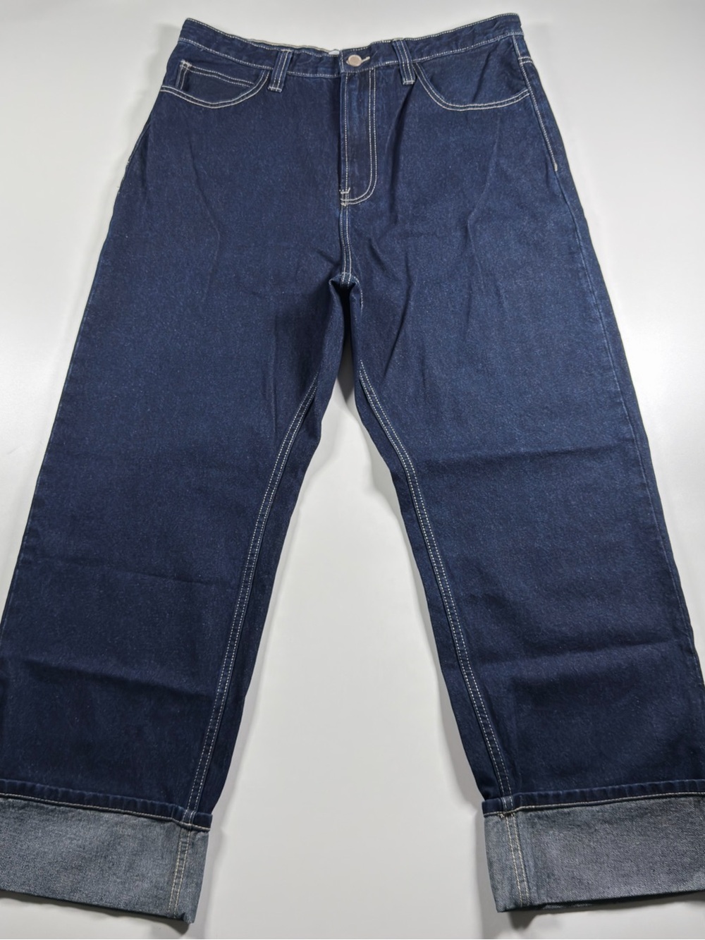Bershka Men's Relaxed Contrast Stitching Rolled Cuffs Dark Blue Denim Jeans